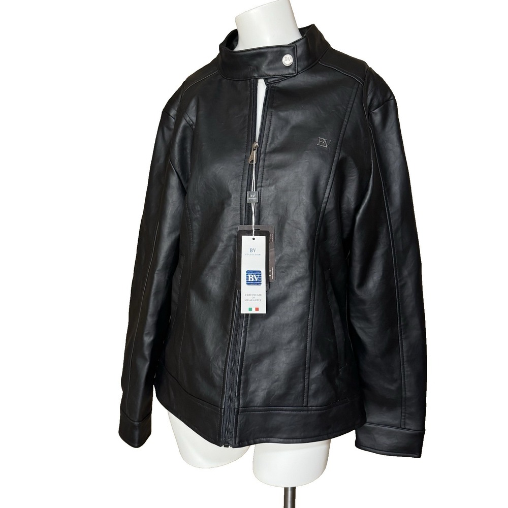 Women's Black Leather Zip-Front Jacket with Stand Collar